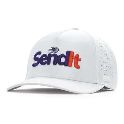 The Send It - Performance Golf Hat - Snapback is a light gray, sweat stain resistant cap with bold blue and red "Send It" embroidery and a speed-line “S.” Made from performance material, it features perforated sides and a curved brim.