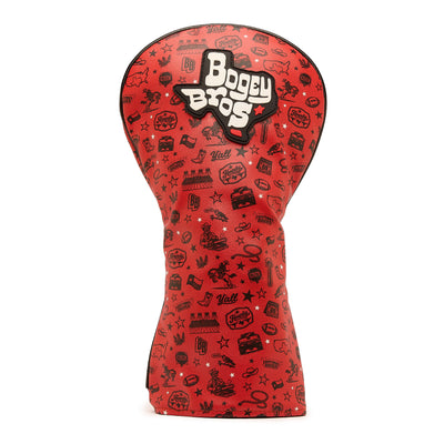 Introducing the Get Wreck’d - Driver Headcover: a striking red driver cover crafted from premium PU leather and adorned with bold, black cartoon-style illustrations and doodles. “Bogey Bros” is prominently displayed in large, white lettering across the top, while vibrant embroidery showcases playful icons like stars, golf balls, and whimsical motifs all over its surface.