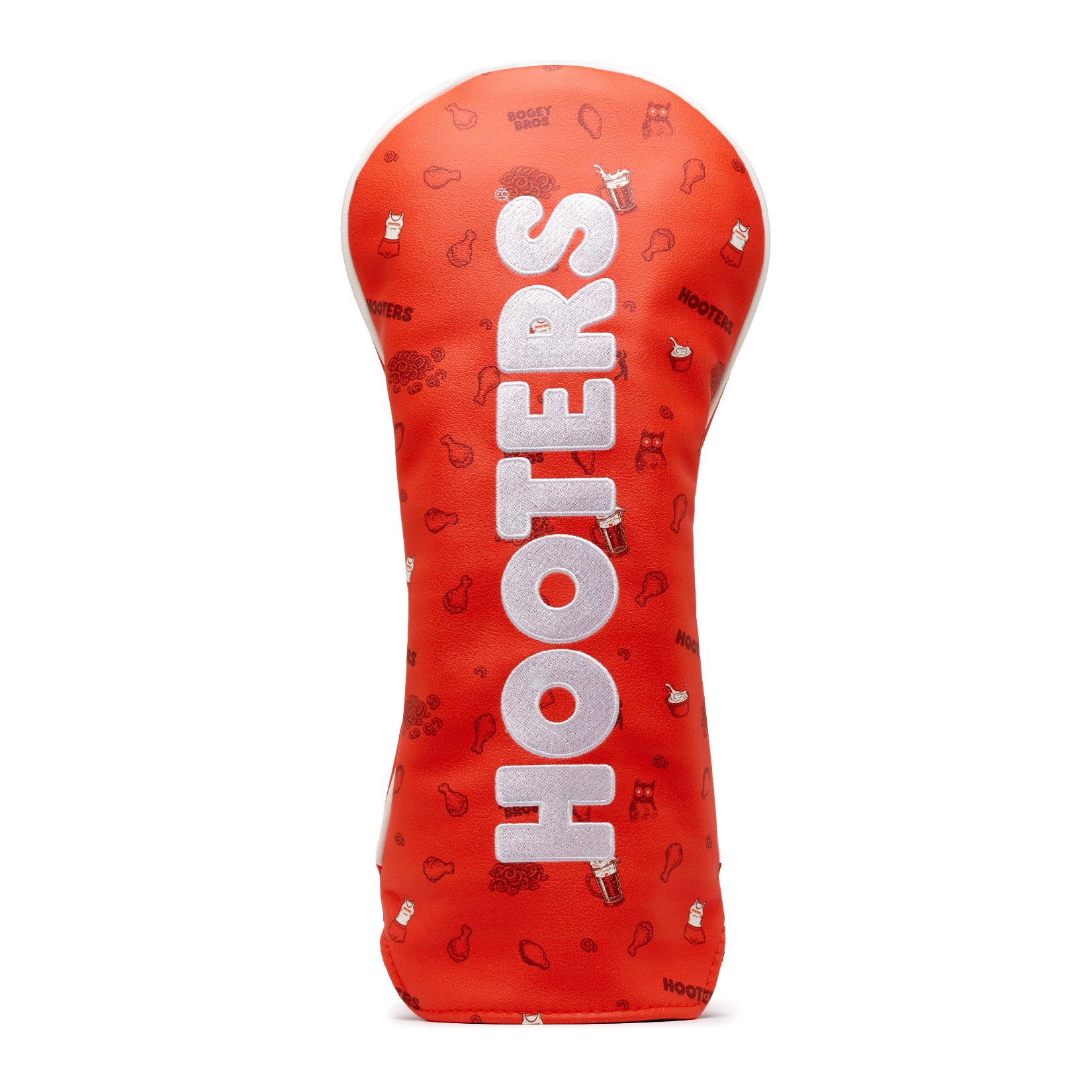 The Wingin' It - Headcover is a bright orange PU leather cover featuring “HOOTERS” in bold white letters, plus embroidered chicken wings, drinks, and the Hooters logo on a clean white background.