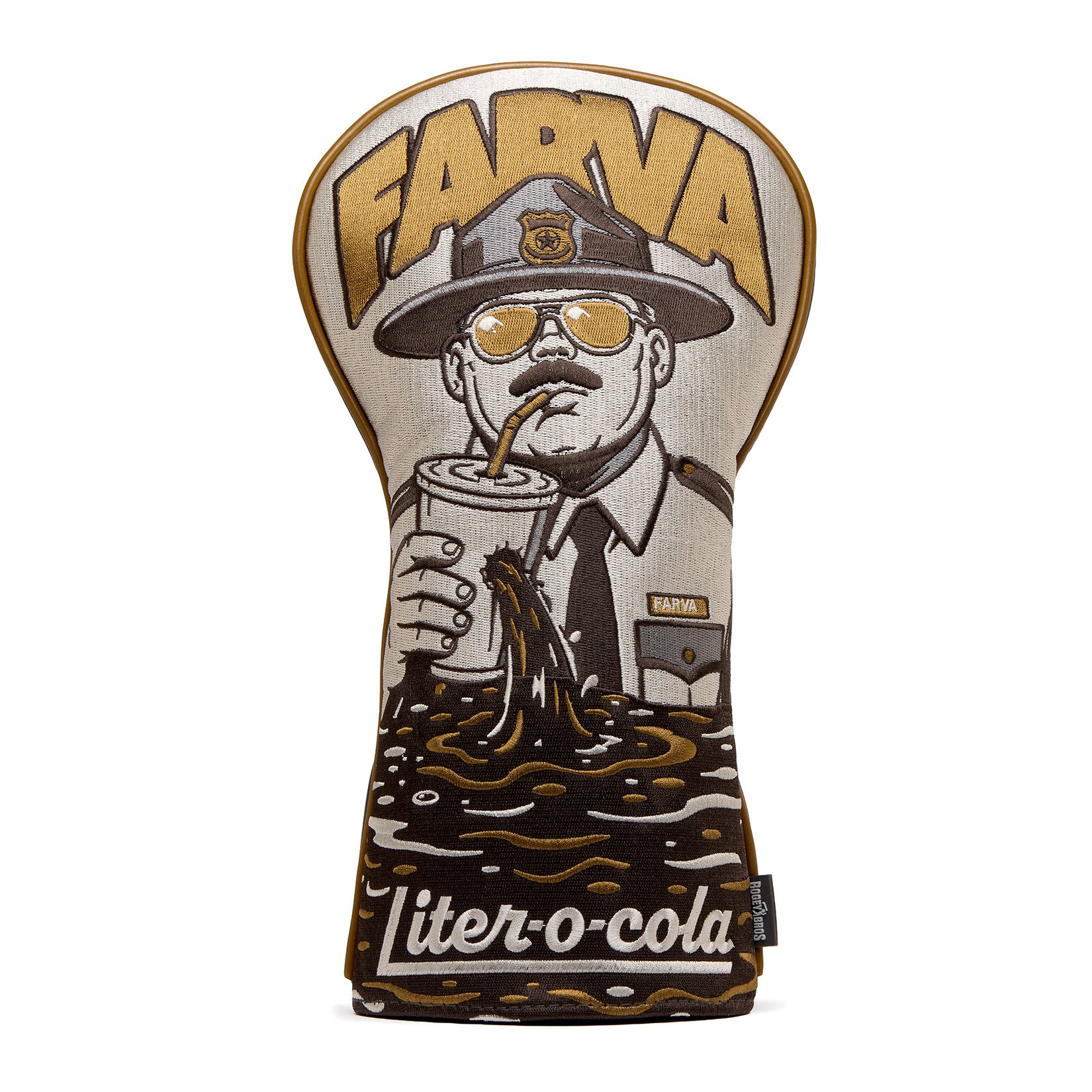 Introducing the Liter-O-Cola - Driver Headcover: a premium PU leather golf club cover featuring an embroidered illustration of a police officer in sunglasses sipping a drink. This headcover showcases vibrant brown, gold, white, and black tones, with soda pouring out below the character and bold text reading FARVA above and liter-o-cola below.
