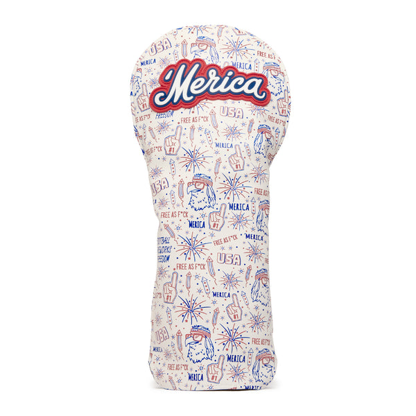 A golf club headcover decorated with red, white, and blue patriotic doodles, including fireworks, eagles, foam fingers, and the words “USA,” “Merica,” and “Free As F*ck,” with “Merica” boldly embroidered at the top in cursive script.