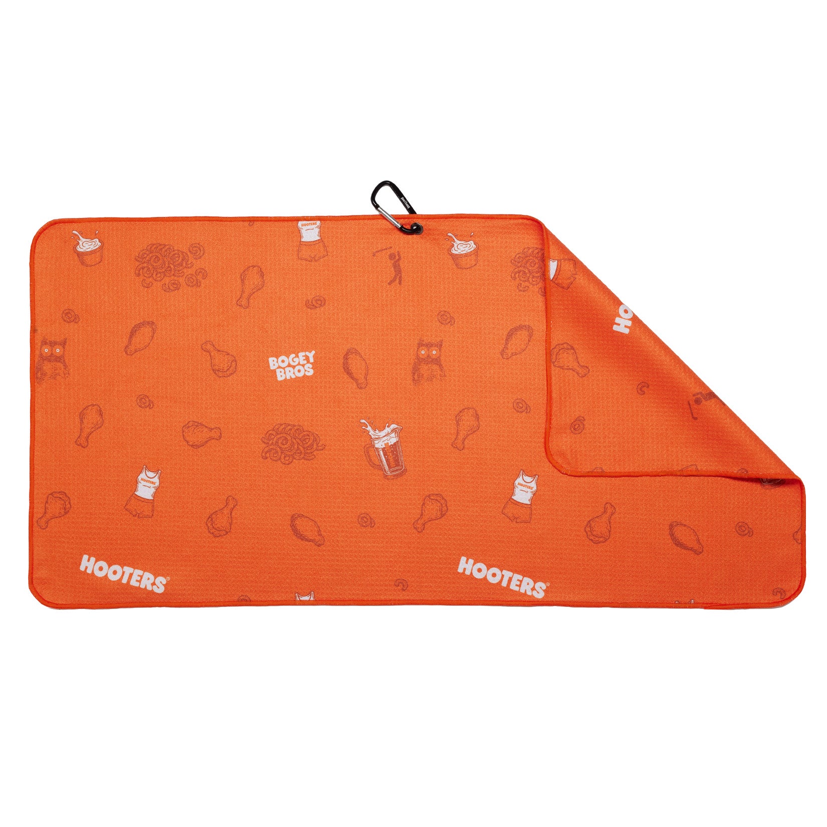 The Wingin' It - Towel is an orange rectangular microfiber towel with a black carabiner clip. It features white BOGEY BROS and HOOTERS logos plus chicken wing and sauce bottle patterns; one corner is slightly folded over.