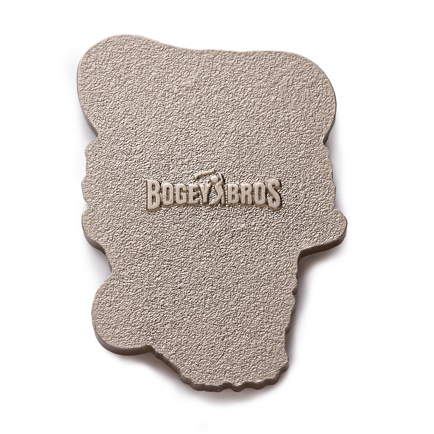 A textured, irregularly shaped tan object displays the embossed words “BOGEY BROS” with a silhouette of a golfer swinging a club above the text, centered on the object, against a plain white background.
