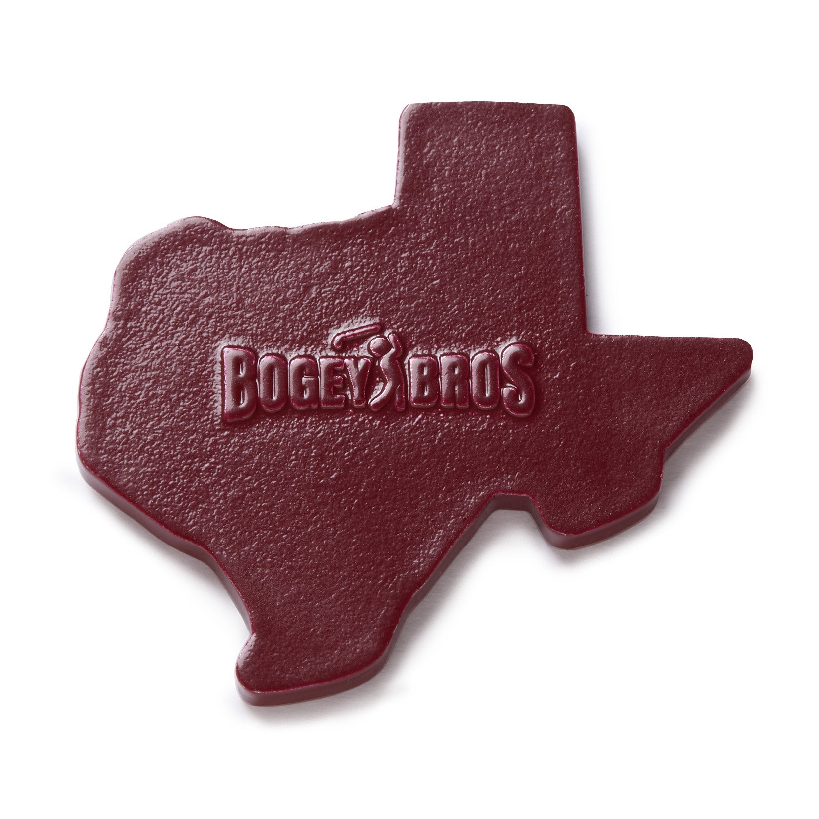 A maroon object shaped like the state of Texas, with the words Bogey Bros and a small golf figure embossed in the center. The surface appears smooth and slightly glossy.