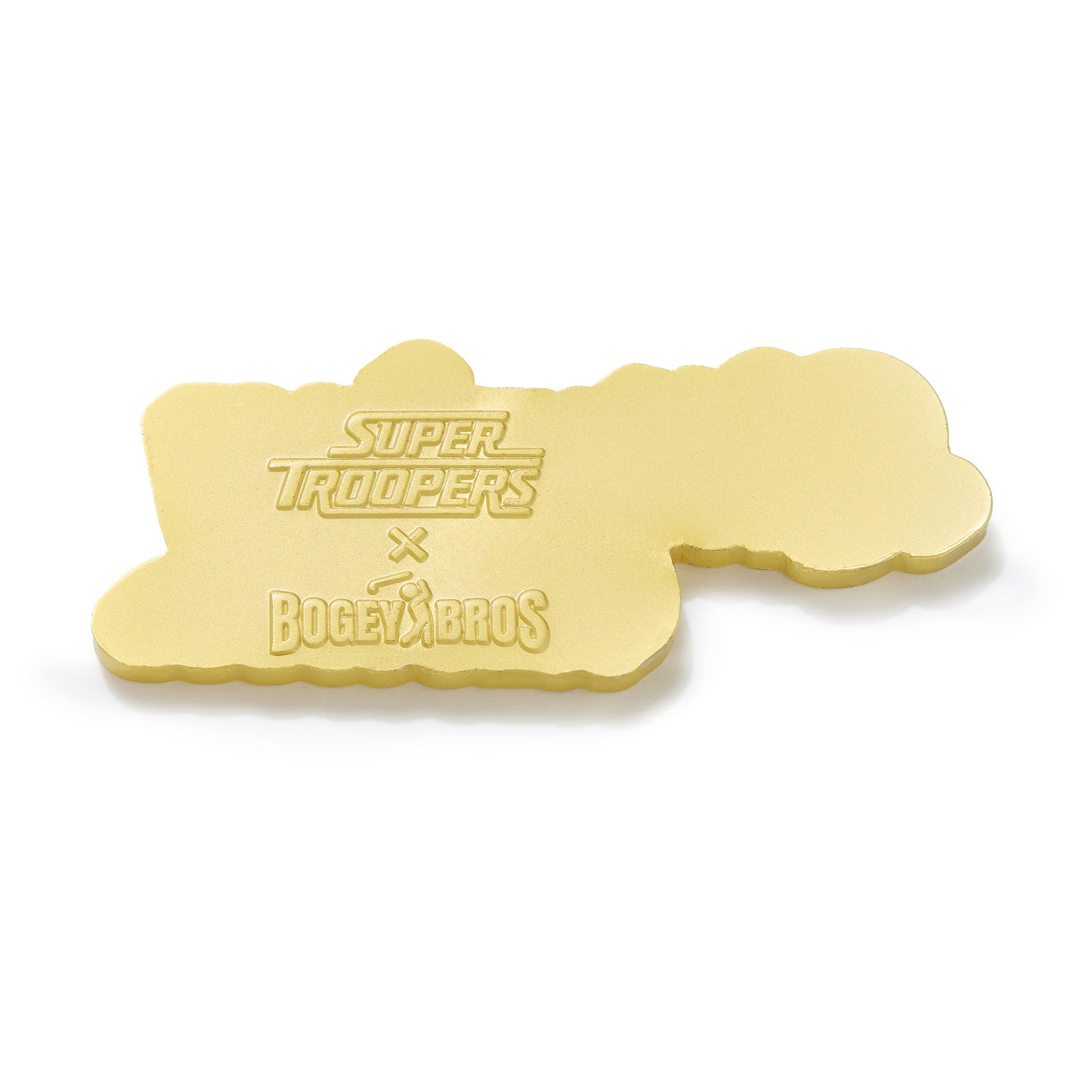 Introducing the “Littering and... - Ball Marker”: a gold, cloud-shaped golf ball marker crafted from heavy metal with iron nickel plating. Its smooth surface features notched edges, while embossed text—“SUPER TROOPERS” above crossed golf clubs and “BOGEY BROS” below—adds striking visibility. Complete with a magnetic clip for easy attachment, this ball marker is both stylish and functional on the course.