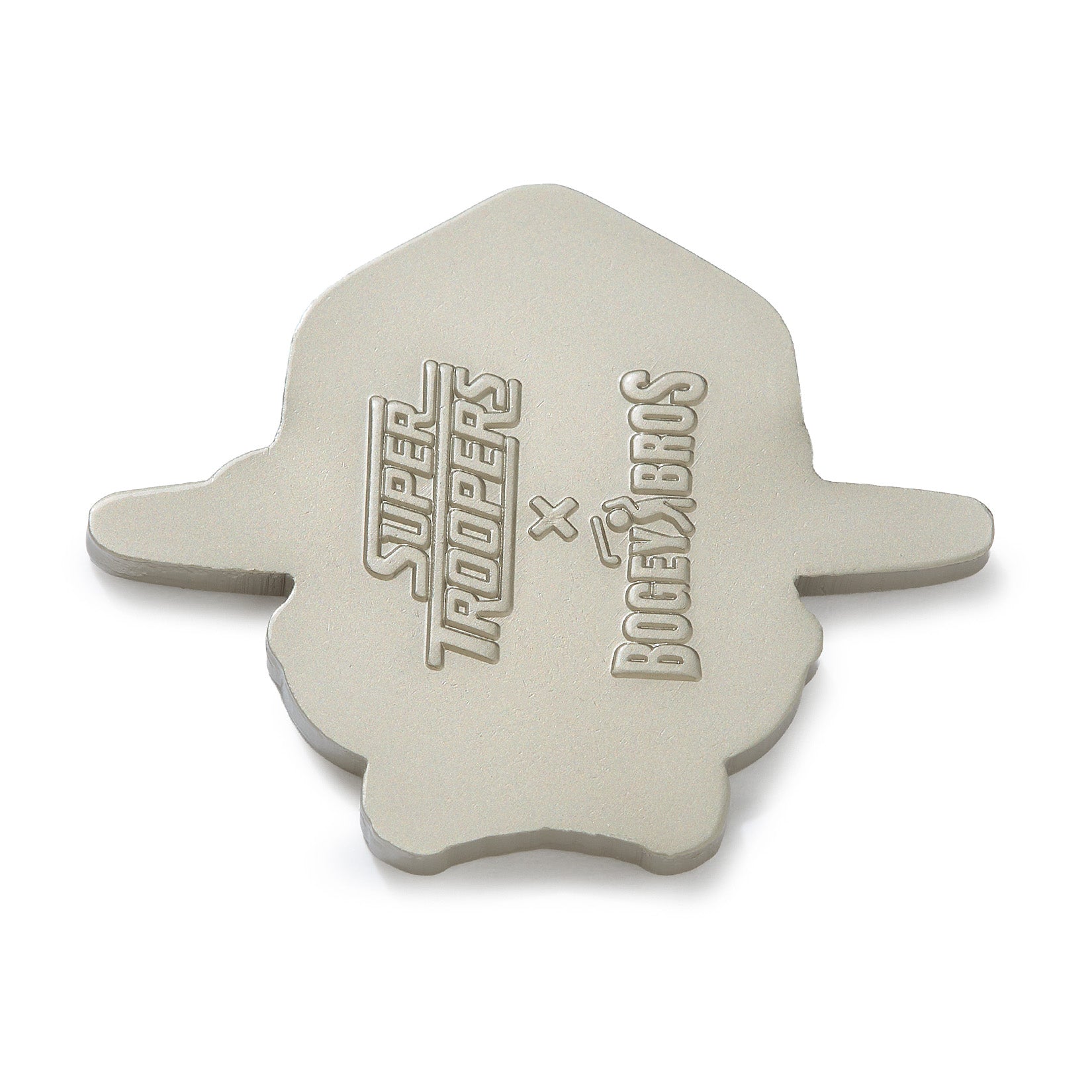 A matte silver ball marker shaped like a cartoonish trooper helmet, featuring “SUPER TROOPERS x BOCCY BROS” engraved on the front. Made of durable iron with nickel plating, the Super Cop - Ball Marker is photographed against a white background.