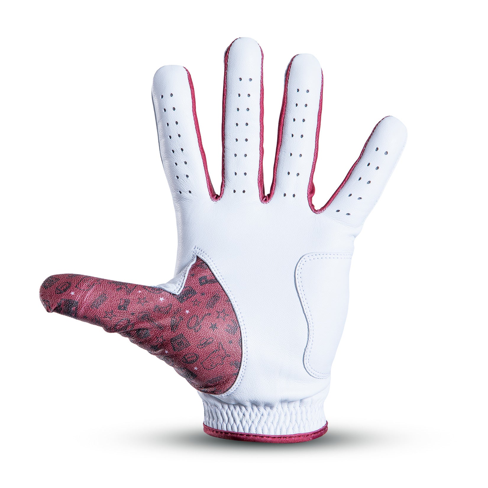 A white glove with a red and black leopard print thumb is shown palm up. The glove has small ventilation holes on the fingers and red trim along the edges. The background is plain white with a subtle shadow beneath the glove.