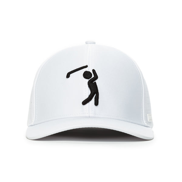 The Bogeyman White Performance Golf Hat features a black embroidered stick figure swinging a club on the front, a curved brim, structured crown, and stretch fit band for comfort. Made with performance material.