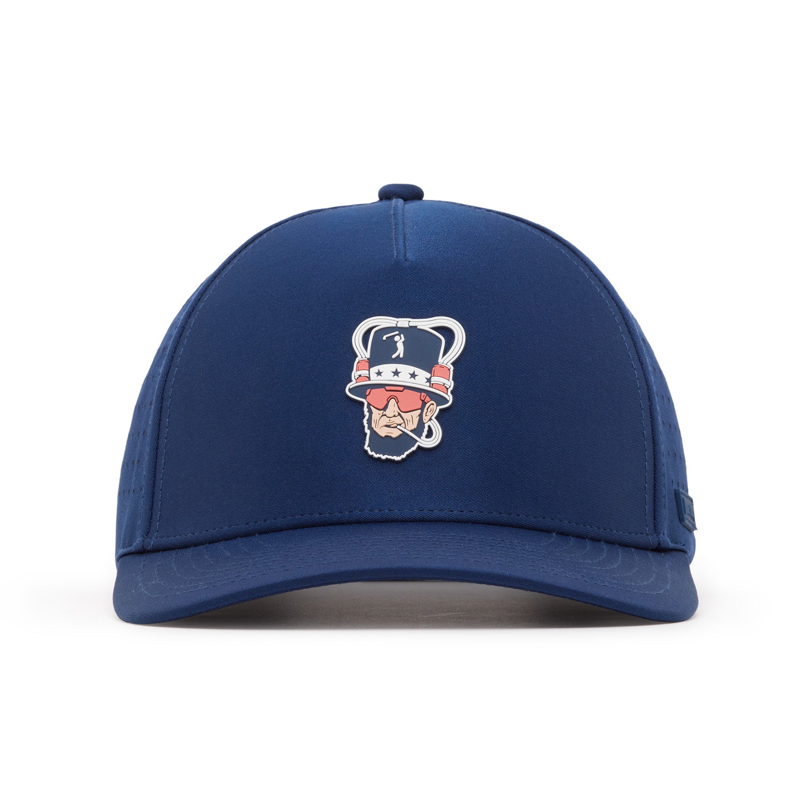 A blue baseball cap seen from the front, featuring a stylized embroidered logo of a bearded man wearing a colonial hat with stars and sunglasses, centered on the front panel. The cap has a curved brim and perforated side panels.