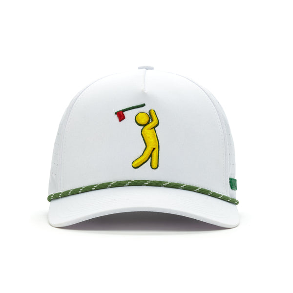 The Major Bogeyman Performance Golf Rope Hat is a white snapback with a yellow golfer swinging a red club embroidered on the front, green and white rope above the brim, and a small green tag on the side. Made from performance material.