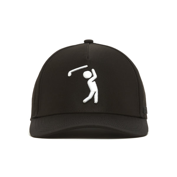 The Bogeyman Black Performance Golf Hat is a black snapback featuring a white embroidered stick figure golfer on the front. Made from performance material with a curved brim, it ensures comfort and resists sweat stains.