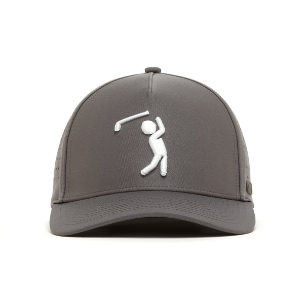The Bogeyman Charcoal Performance Golf Hat is a gray snapback with a curved brim and visible stitching, featuring a white embroidered stick figure swinging a golf club on the front. Made from performance material, it's sweat stain resistant.