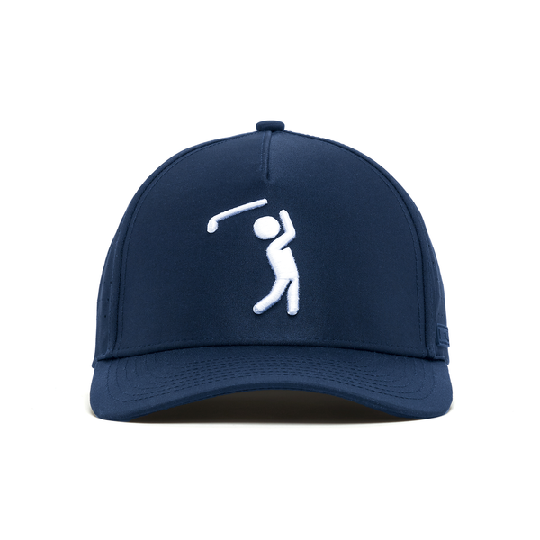 The Bogeyman Navy - Performance Golf Hat - Snapback is a navy blue cap with a white embroidered stick figure golfer on the front, made from performance material with a structured crown and curved brim for all-day comfort.