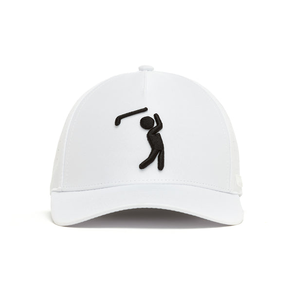 The Bogeyman White Performance Golf Hat is a snapback with a curved brim and features a black stick-figure golfer embroidered on the front. Made from sweat stain resistant material, this structured cap blends style and function on the course.