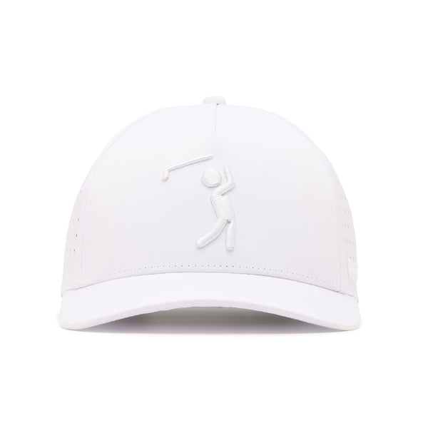 The Bogeyman White/White Performance Golf Hat is a snapback cap shown from the front, featuring an embroidered golfer in white, a curved brim, ventilation holes, performance fabric, and a sweat stain resistant finish.