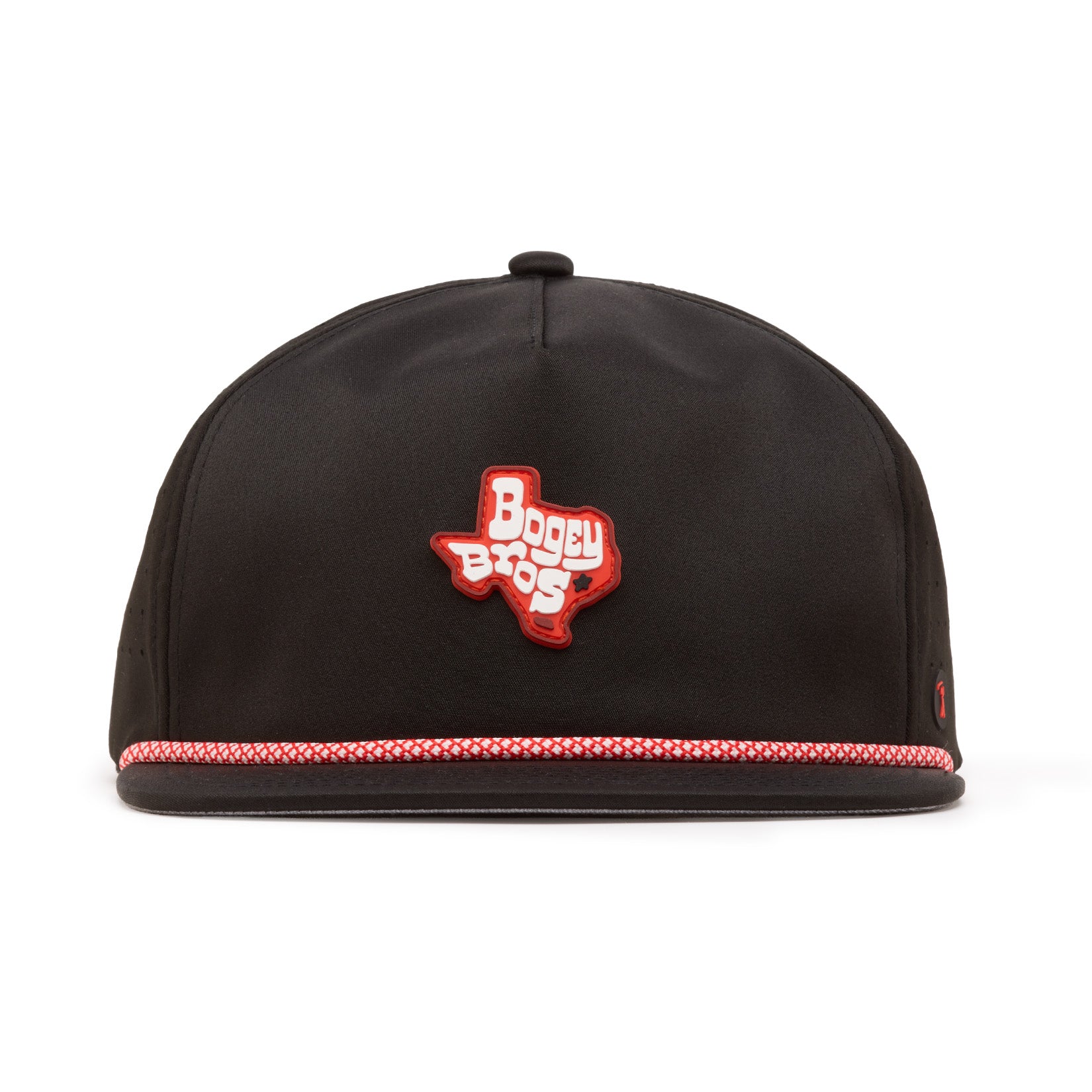 A black baseball cap with a red and white braided trim along the brim. The front features a red Texas-shaped patch with white text reading Boggy Bros. The background is plain white and the cap is viewed from the front.