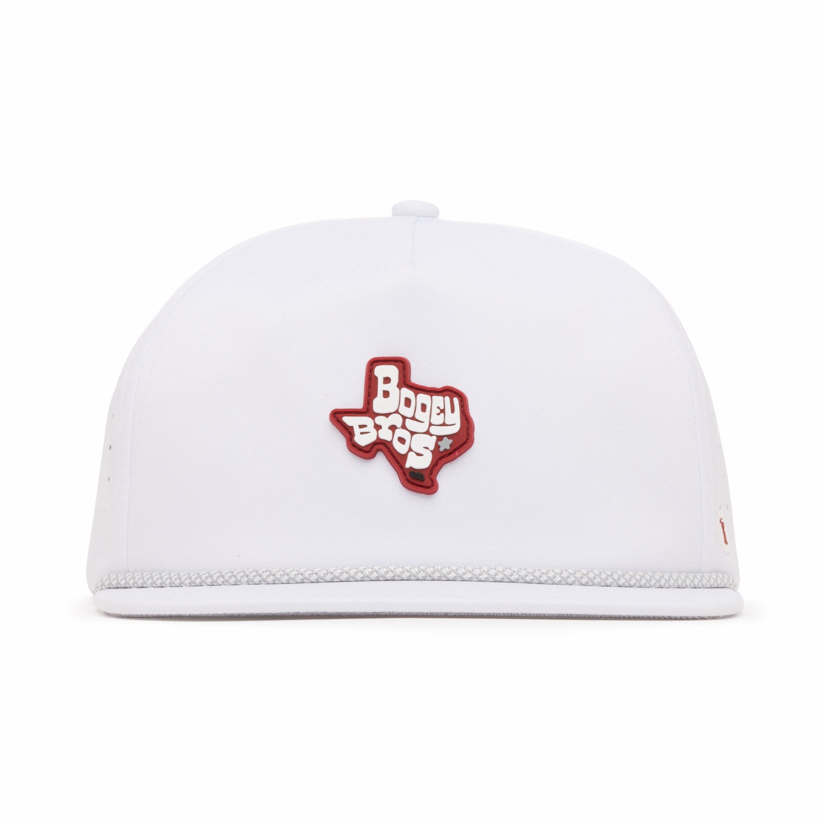 A white baseball cap viewed from the front, featuring a red outline of Texas with the words Bogey Boys in bold white and red letters in the center. The cap has minimalist styling with a subtle decorative trim along the brim.