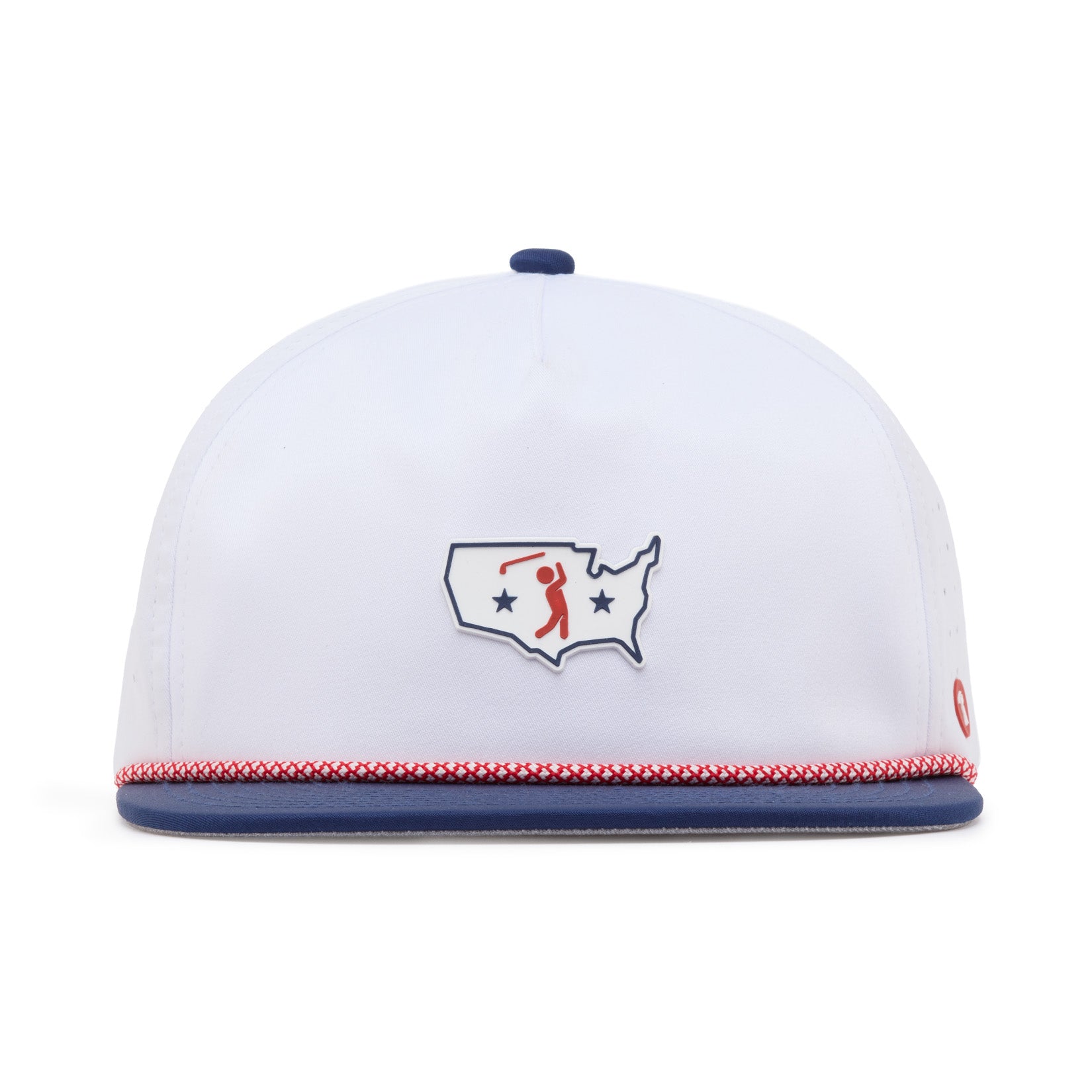 A white baseball cap seen from the front, featuring a blue outline of the contiguous United States with a red silhouette of a golfer in the center, two navy stars, a blue brim, and a red-and-white braided trim above the brim.