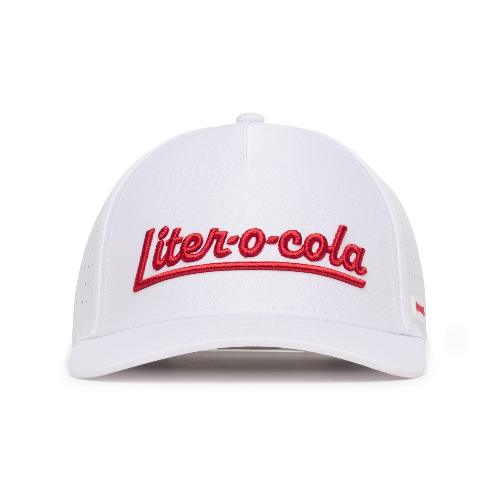 A white baseball cap with Liter-o-cola embroidered in red cursive on the front. The brim is curved, and the cap is photographed against a plain white background, with the text centered and clearly visible.