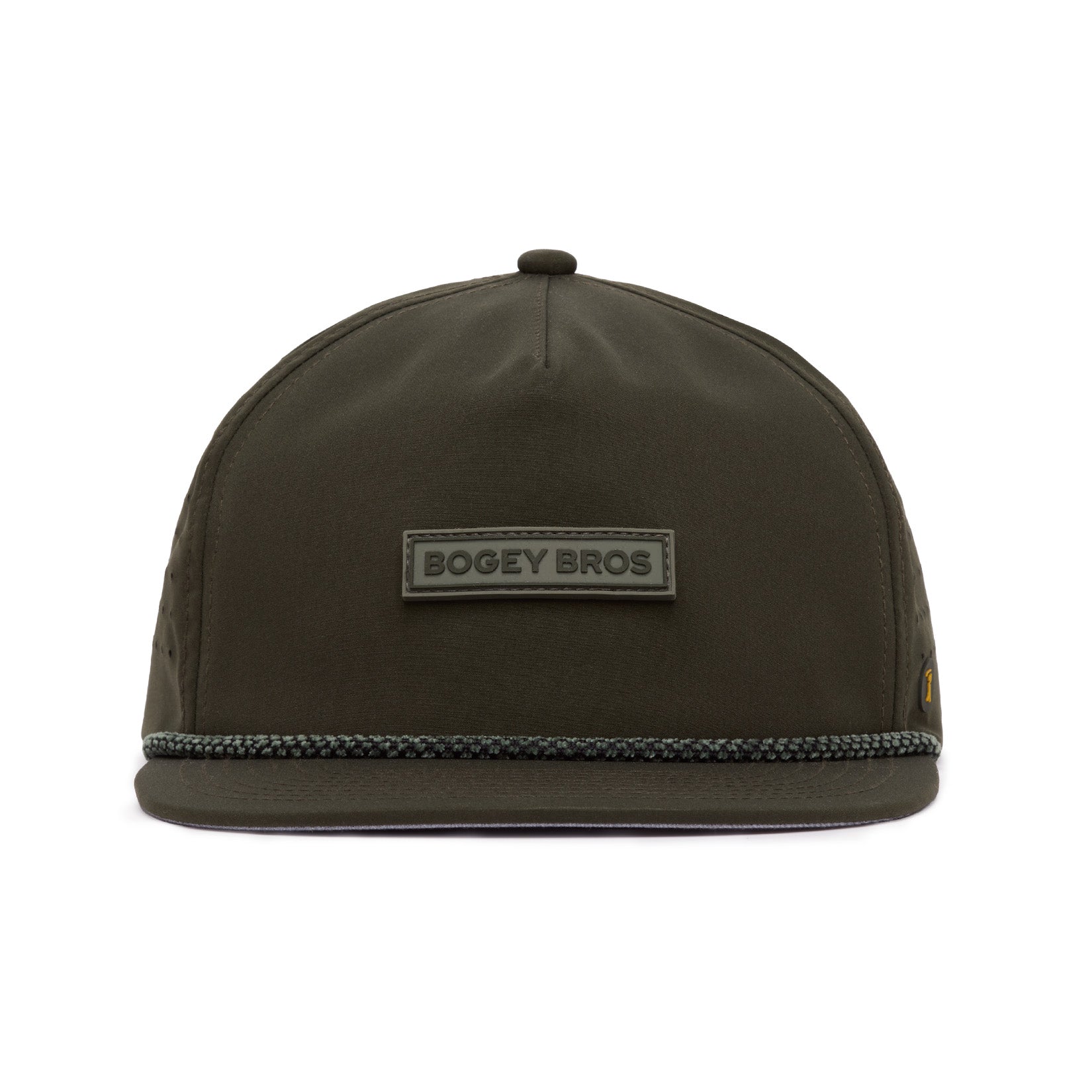 Dark green baseball cap with a flat brim, featuring a raised rectangular patch on the front that reads BOGEY BROS in uppercase letters; a decorative braided rope runs along the brim.