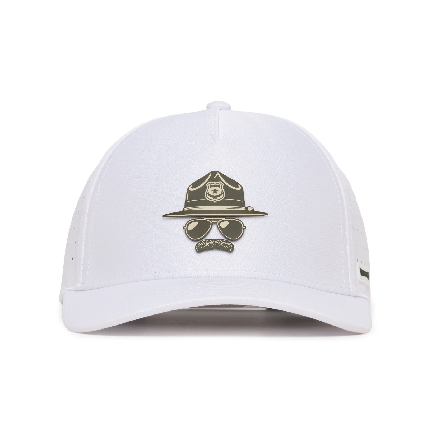 White baseball cap featuring a graphic of a sheriffs hat, aviator sunglasses, and a mustache on the front, giving the illusion of an invisible face. The background is plain white.