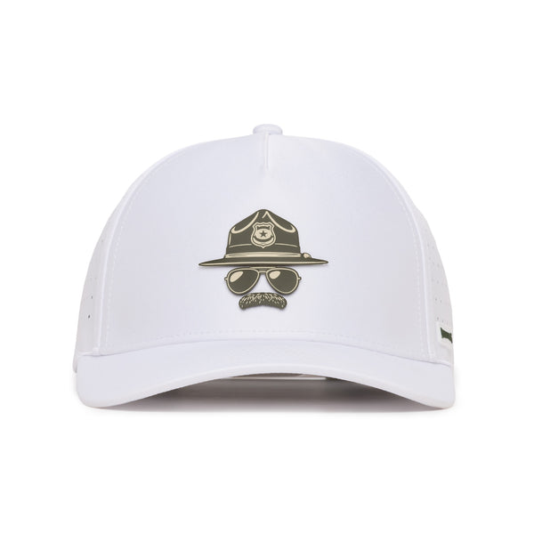 White baseball cap featuring a graphic of a sheriffs hat, aviator sunglasses, and a mustache on the front, giving the illusion of an invisible face. The background is plain white.