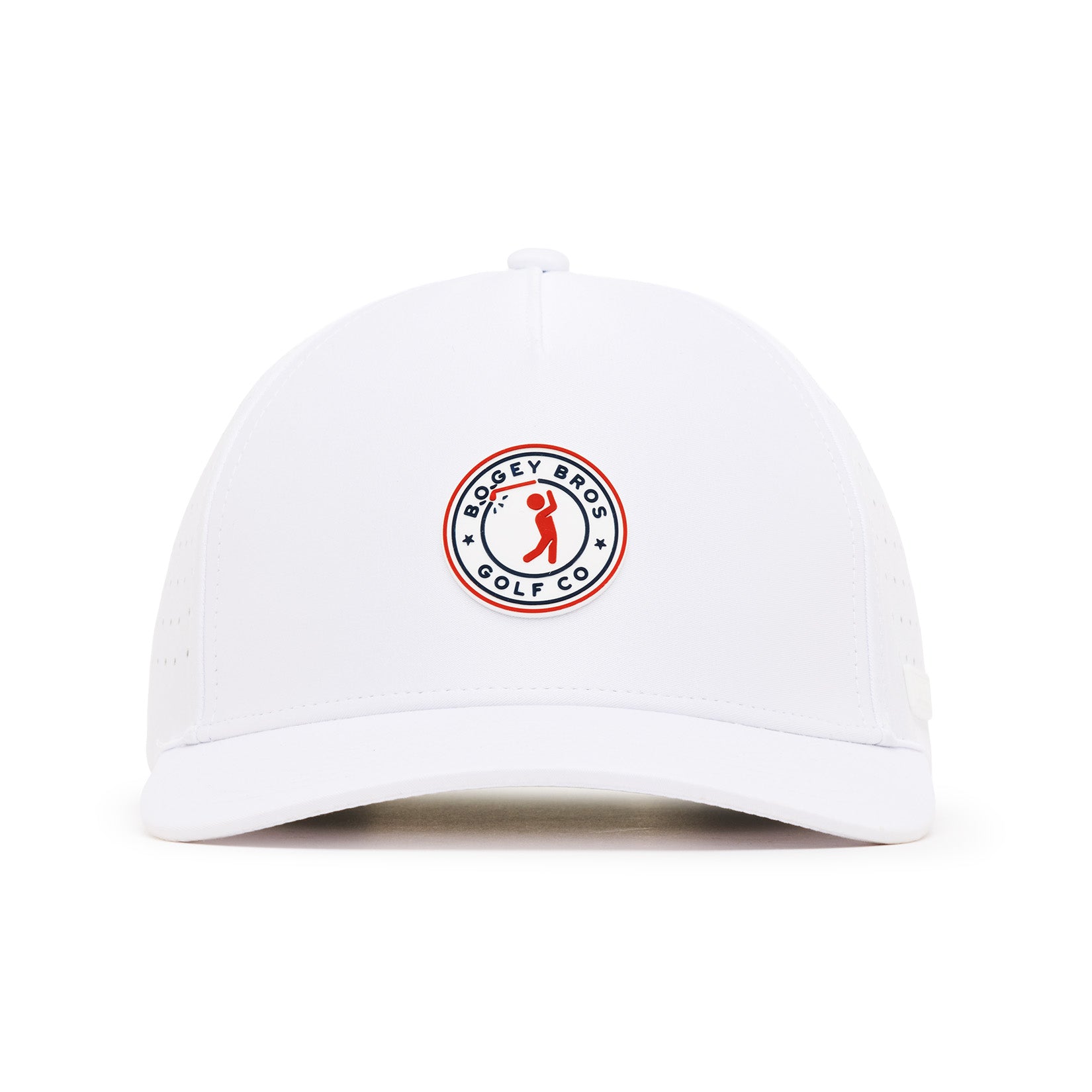 A white baseball cap seen from the front, featuring a round logo patch in the center. The patch has a stylized red golf flag and reads “BOGEY BROS GOLF CO” in black, encircled by a black and red border. The cap is plain with no other visible designs.
