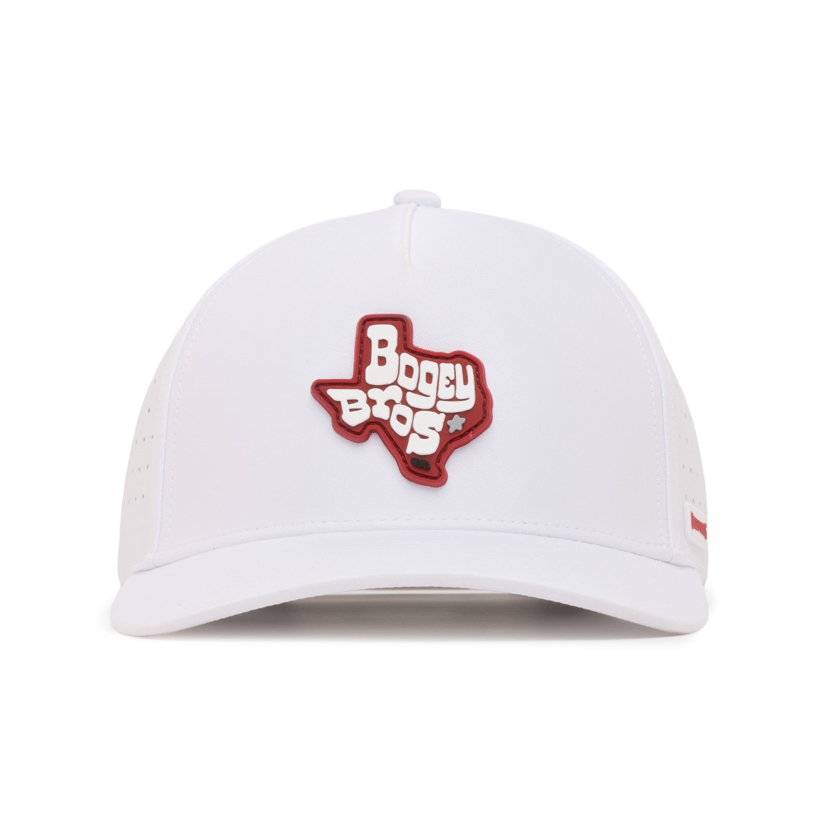 A white baseball cap featuring an outline of Texas in red on the front, with bold white text inside reading “Bogey Bros.” The cap has a curved brim and small ventilation holes on the sides.