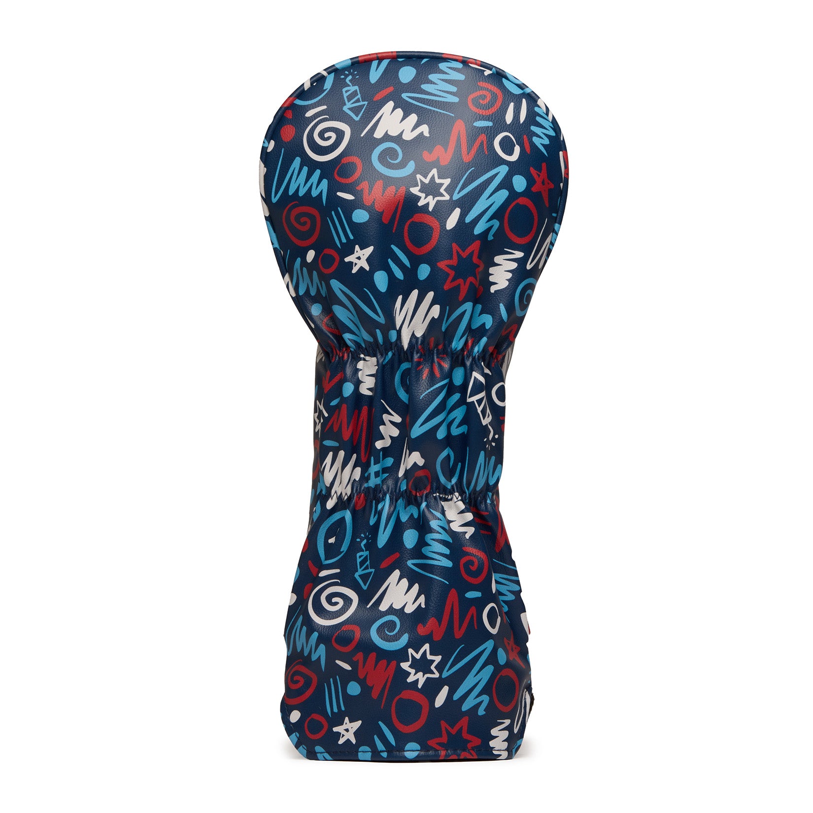 A golf club headcover with a playful, abstract pattern in blue, white, and red. The design features scribbles, zigzags, spirals, and stars on a dark background, giving it a fun and modern look. The cover is shaped to fit over a golf club head.
