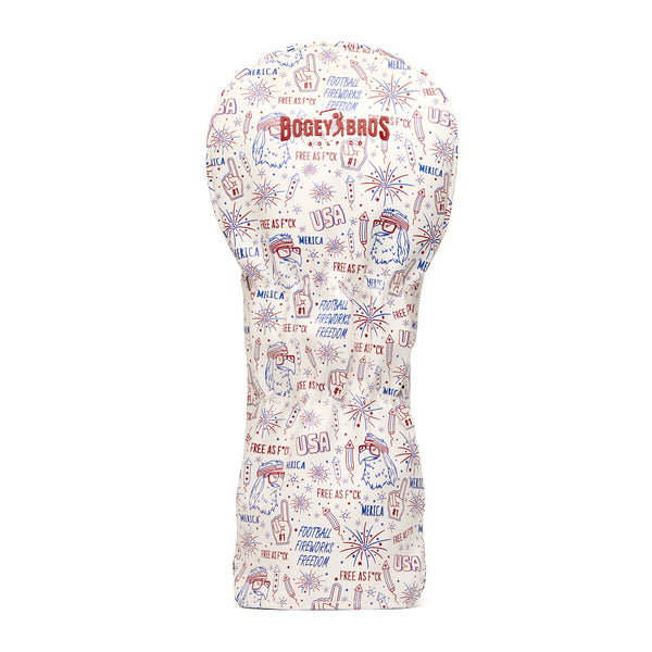 A white golf club headcover with red and blue cartoon graphics and text. Designs include fireworks, eagles, Uncle Sam, “USA,” and phrases like “Freedom” and “America.” The top reads “Bogey Bros.” The pattern repeats over the entire headcover.