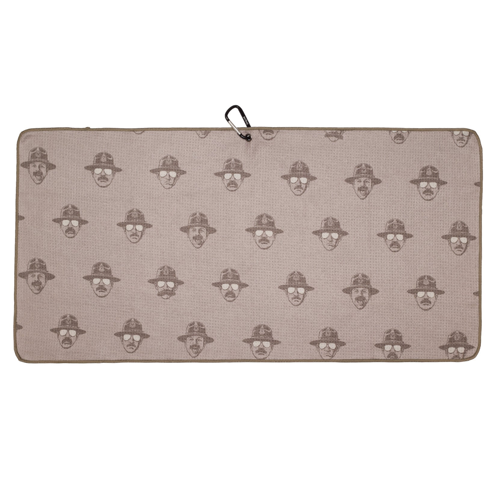 Rectangular beige mat featuring a repeating pattern of outlined faces wearing glasses and hats. The mat has a dark border, rounded corners, and a black carabiner clip attached at the top. The pattern is evenly spaced across the mats surface.
