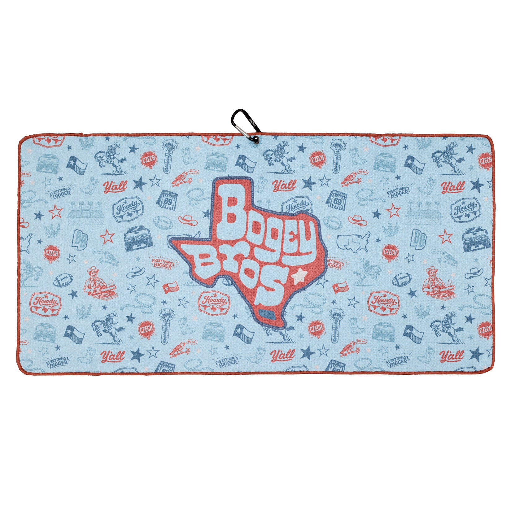 A rectangular blue towel features a red border and Texas-themed illustrations. The center shows a red Texas outline with white “Bogel Bros.” text. Icons include cowboy hats, boots, guitars, stars, and phrases like “Y’all.” A black hanging loop is at the top.