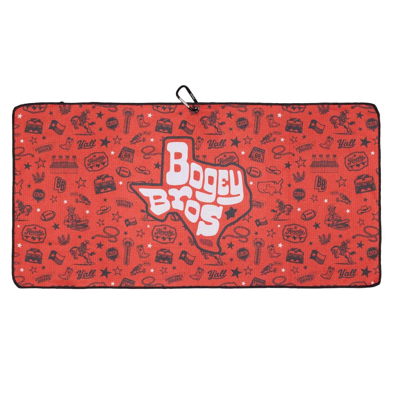 Rectangular red towel with black trim, decorated with Texas-themed icons and illustrations. In the center, a large white outline of Texas contains bold, stylized text reading Bogey Bros in white with red outline. A black loop is attached at the top center.