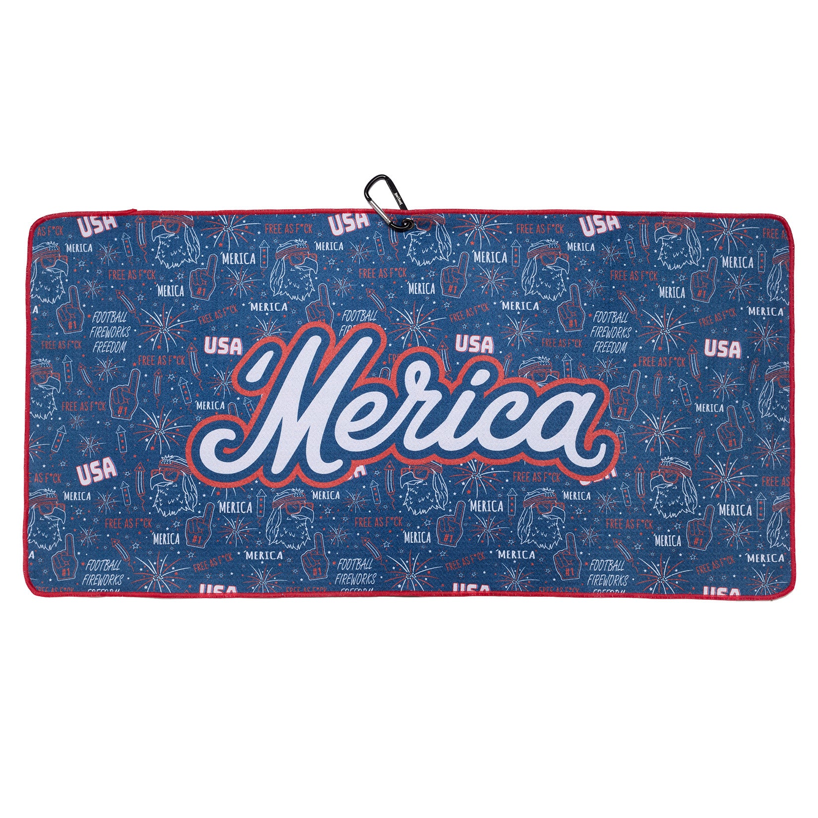 A rectangular blue mat with red trim, featuring the large word “Merica” in white and red script. The background has USA-themed doodles, including fireworks, the Statue of Liberty, flags, and phrases like “USA” and “Freedom.” A clip is attached at the top.