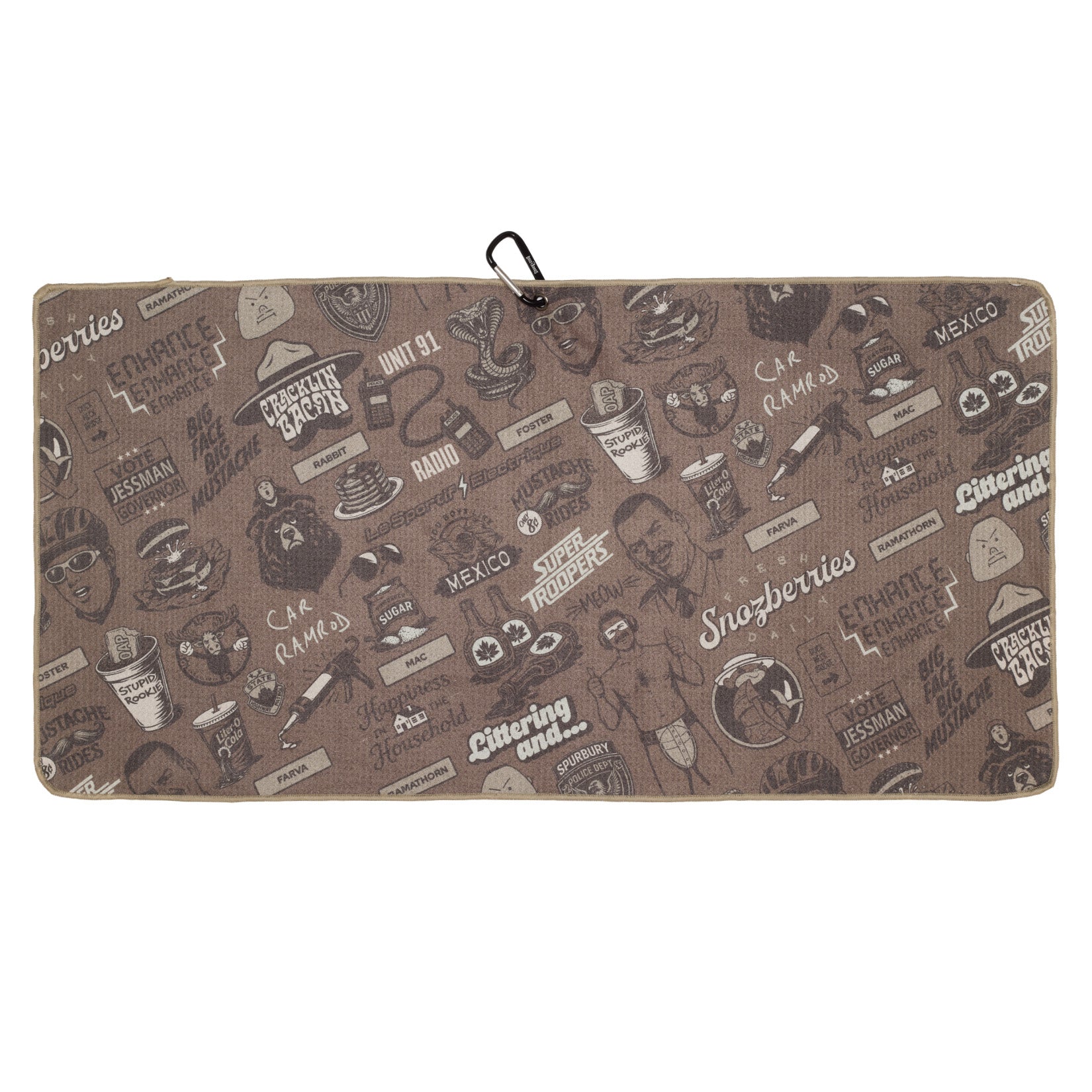 Rectangular brown pouch with a zipper and carabiner; covered in playful, vintage-style graphics including snacks, radios, bears, footballs, and camping phrases like Caf Camps, Snozberries, and Cracker Jacks..