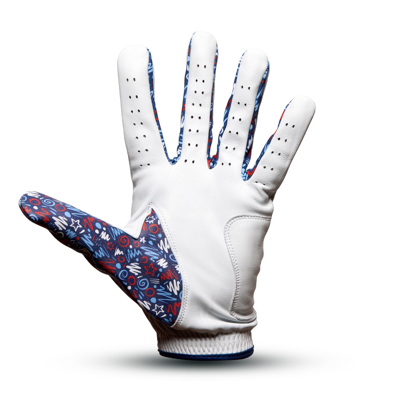 A white leather glove with perforations on the fingers is shown palm-up. The thumb and finger sides feature a blue section decorated with red, white, and blue abstract shapes and symbols. The background is plain white with a faint shadow below the glove.