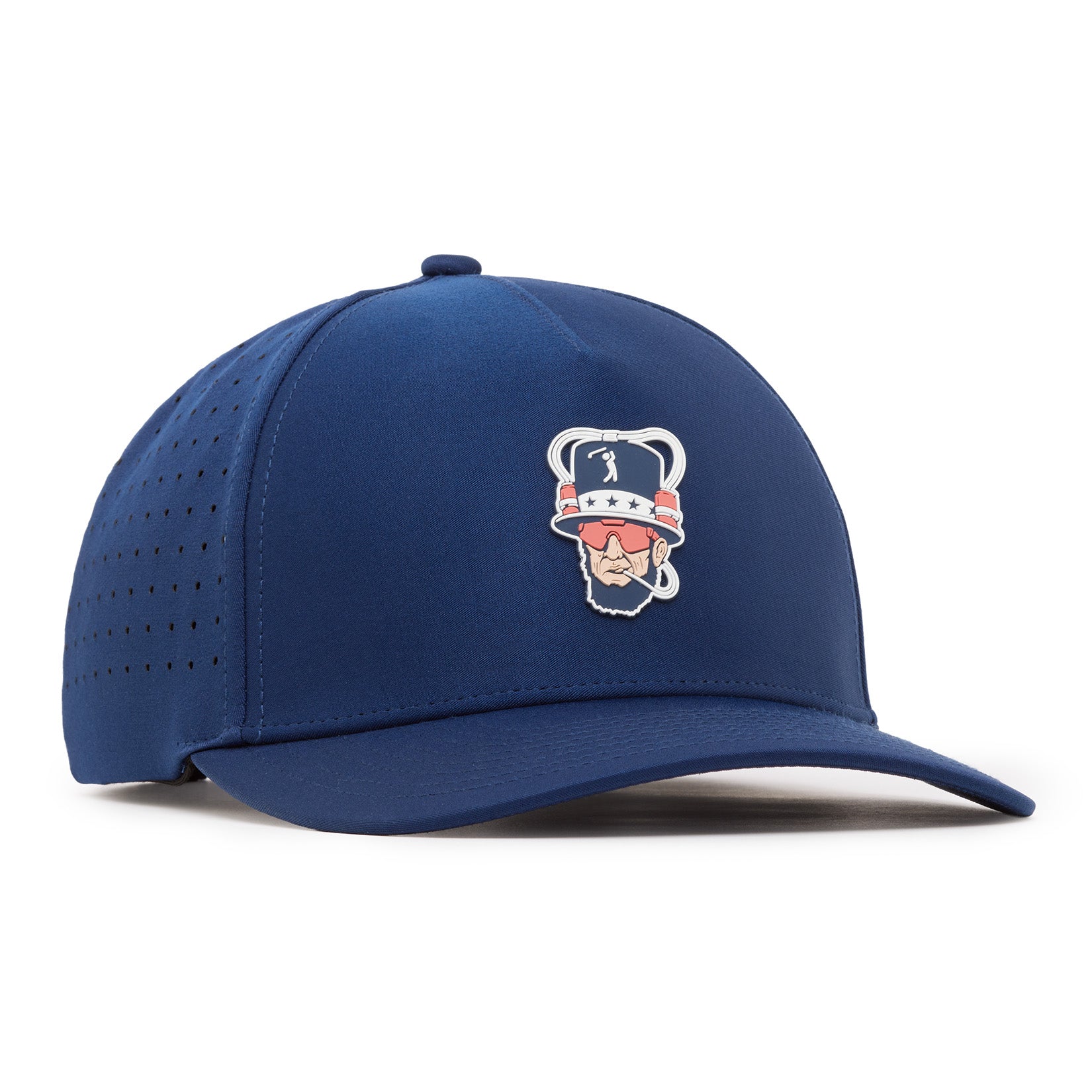 A blue baseball cap with small ventilation holes on the side panels. The front features a cartoon logo of a bearded man in a tricorn hat, decorated with stars and stripes. The cap has a curved brim and a structured, fitted design.