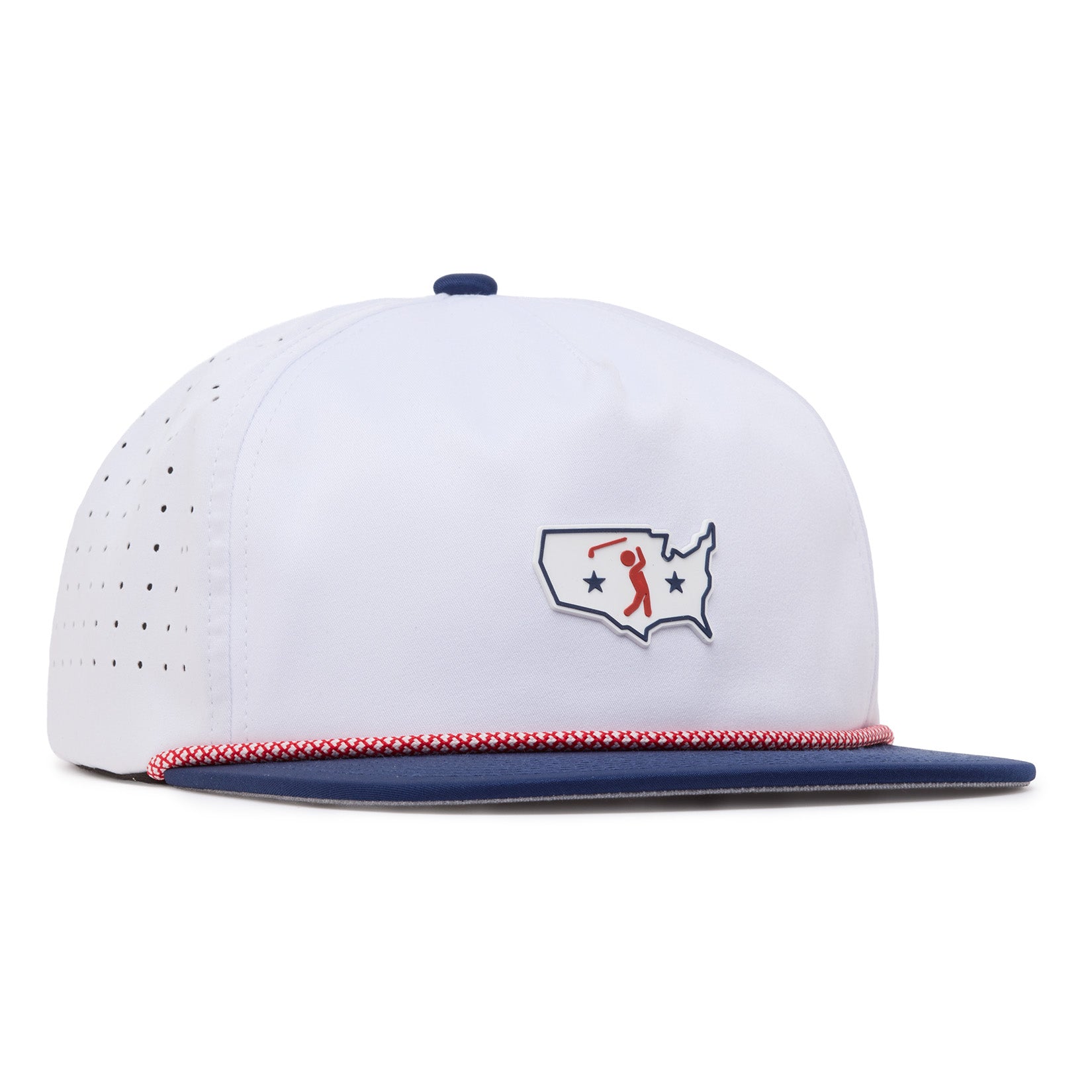 A white snapback cap with a blue flat brim, red and white braided detailing above the brim, and a perforated back. The front features a patch shaped like the U.S. map with a stylized red golfer and two blue stars.
