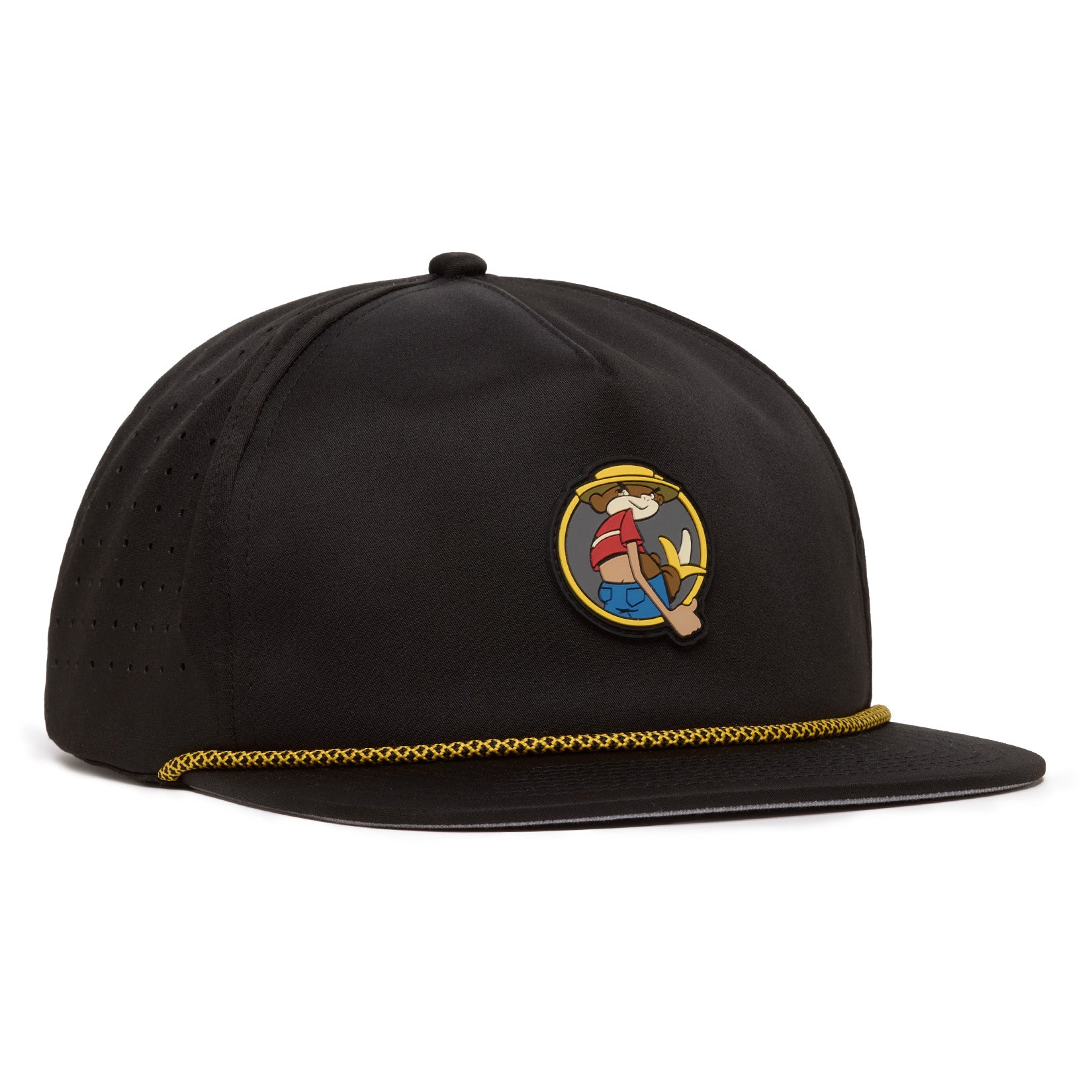 A black snapback hat with yellow rope detail above the brim. The front features a cartoon cowboy wearing a hat and red shirt, riding a bucking yellow letter V inside a circle. The hat has a structured crown and flat visor.