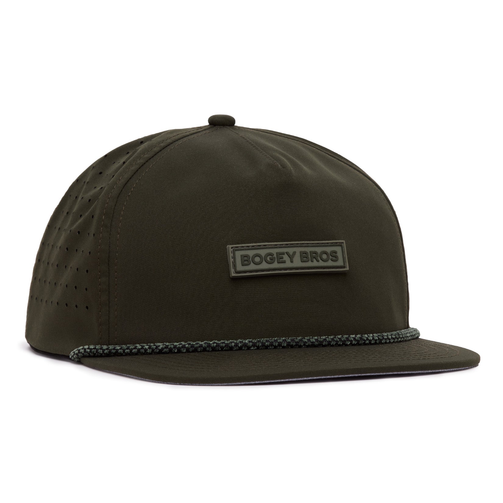 Dark green flat-brim cap with a BOGEY BROS patch on the front. The cap has a braided accent on the brim and small perforations on the side panels for breathability. The top features a small button.