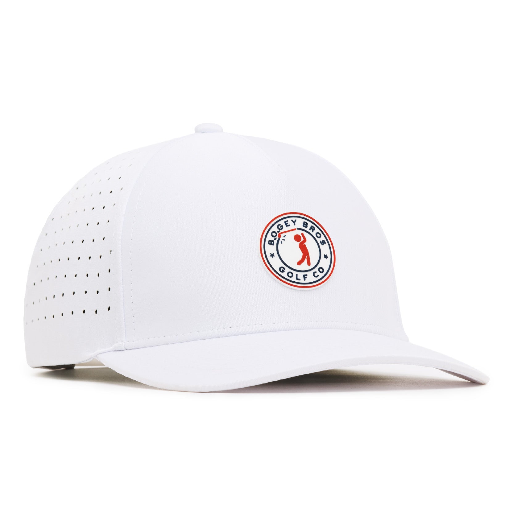 A white baseball cap with a curved brim is shown. The front features a circular logo with “BOGEY BRO GOLF CO” and a stylized red golf flag. The sides have small ventilation holes. The hat sits on a white surface, viewed from a left-side angle.