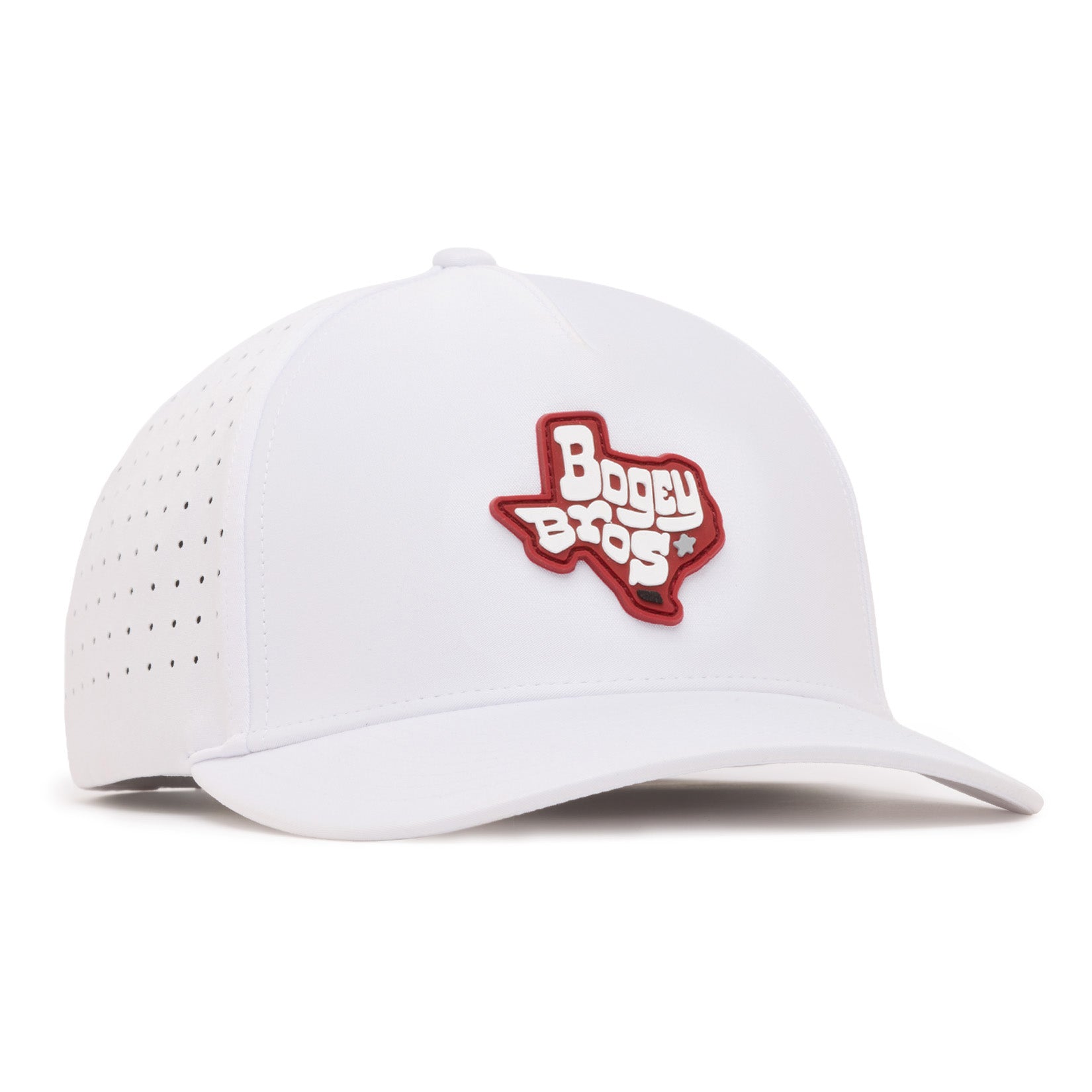 A white baseball cap with a red and white patch shaped like Texas on the front. The patch has Bogey Bros text in white. The cap has small ventilation holes on the side and a flat bill.