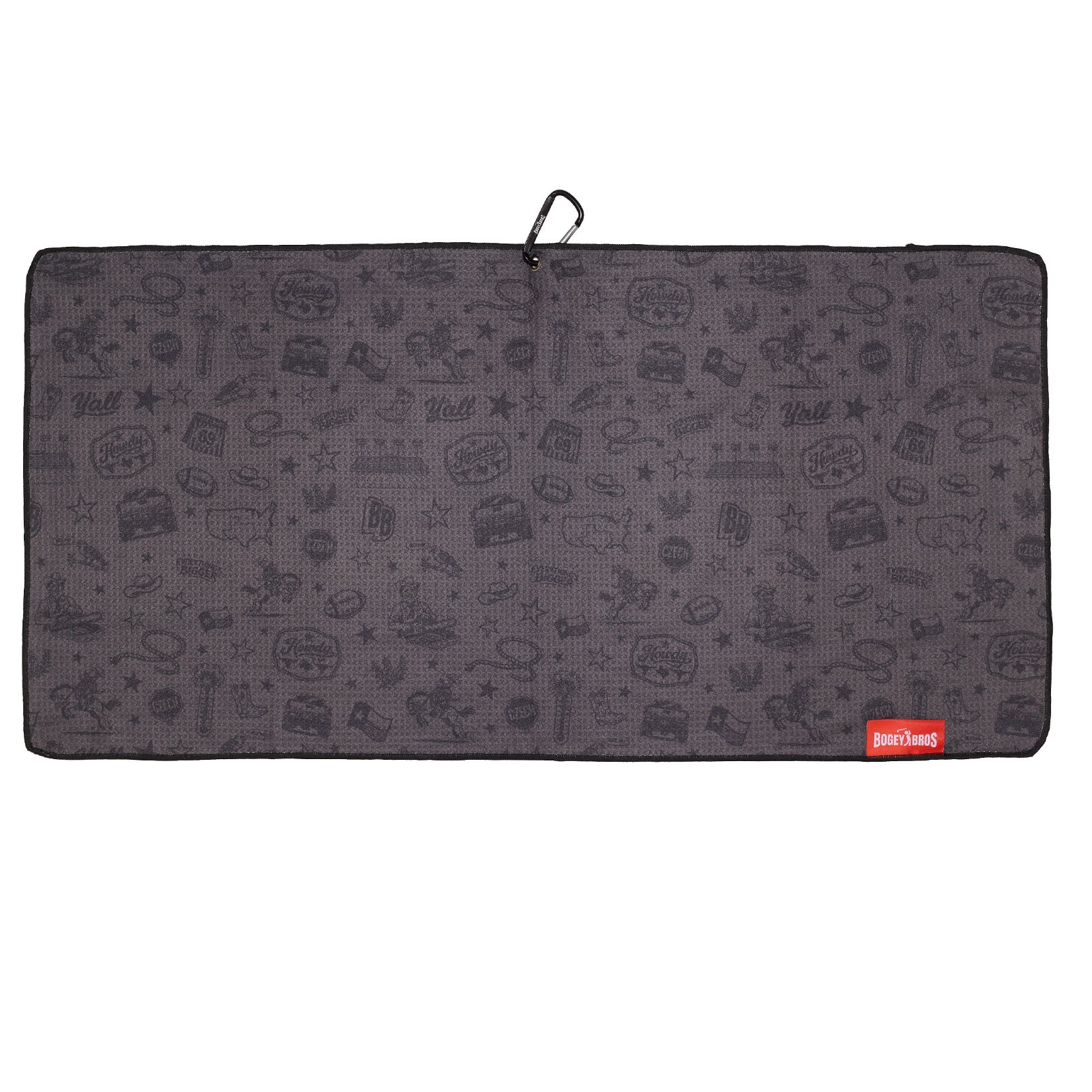 A rectangular dark gray towel with small black illustrations and symbols, a black loop with a clip at the top edge, and a red label with white text BOXRAW at the bottom right corner. The towel is laid flat on a white background.