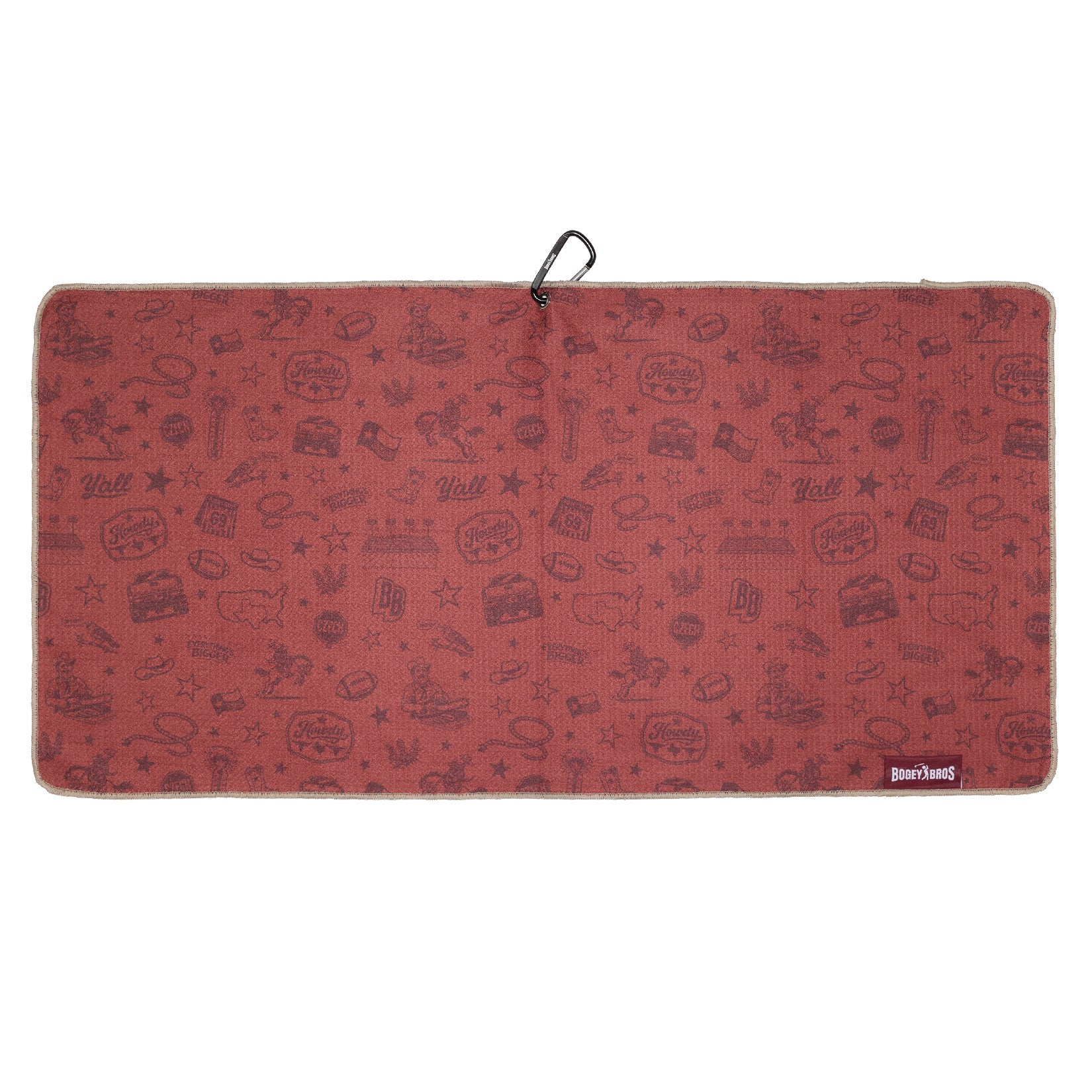 A rectangular red towel with a beige edge and doodle-like illustrations. A black clip is attached to a loop at the top. The bottom right corner has a purple rectangular label reading Bear & Joans. The background is white.