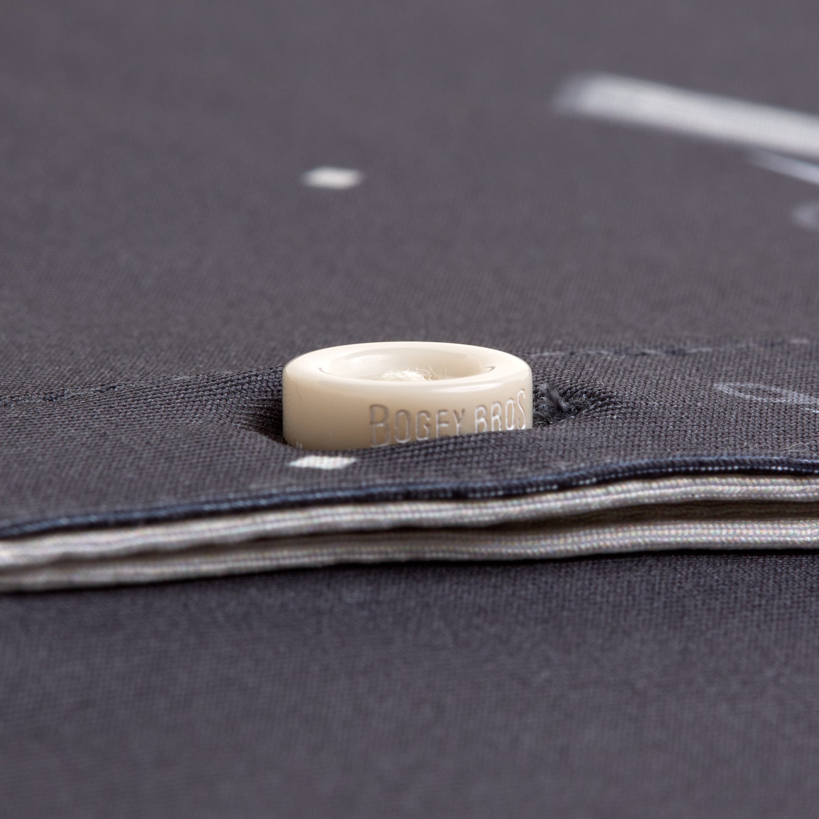 A close-up of a cream-colored “BOGEY BROS.” button sewn onto stacked layers of dark gray, moisture-wicking fabric on the Scissor Me Timbers - Women's Polo. Fine stitching and texture are visible against a softly blurred background.