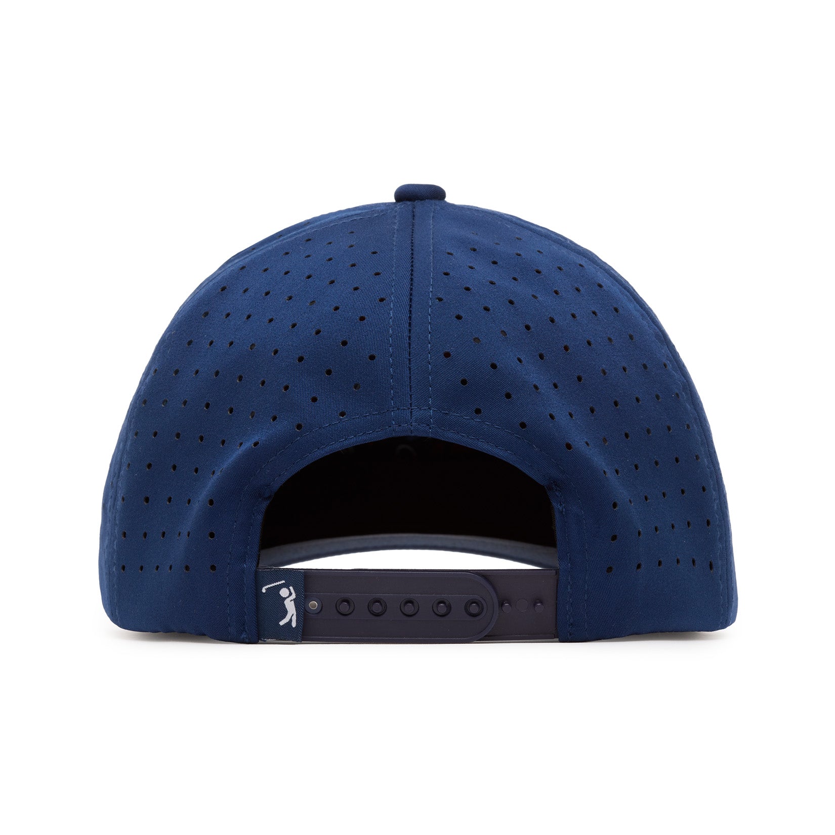 A navy blue baseball cap viewed from the back, featuring small ventilation holes throughout. The cap has a dark adjustable snapback strap with a small golfer icon tag attached to the left side of the strap.