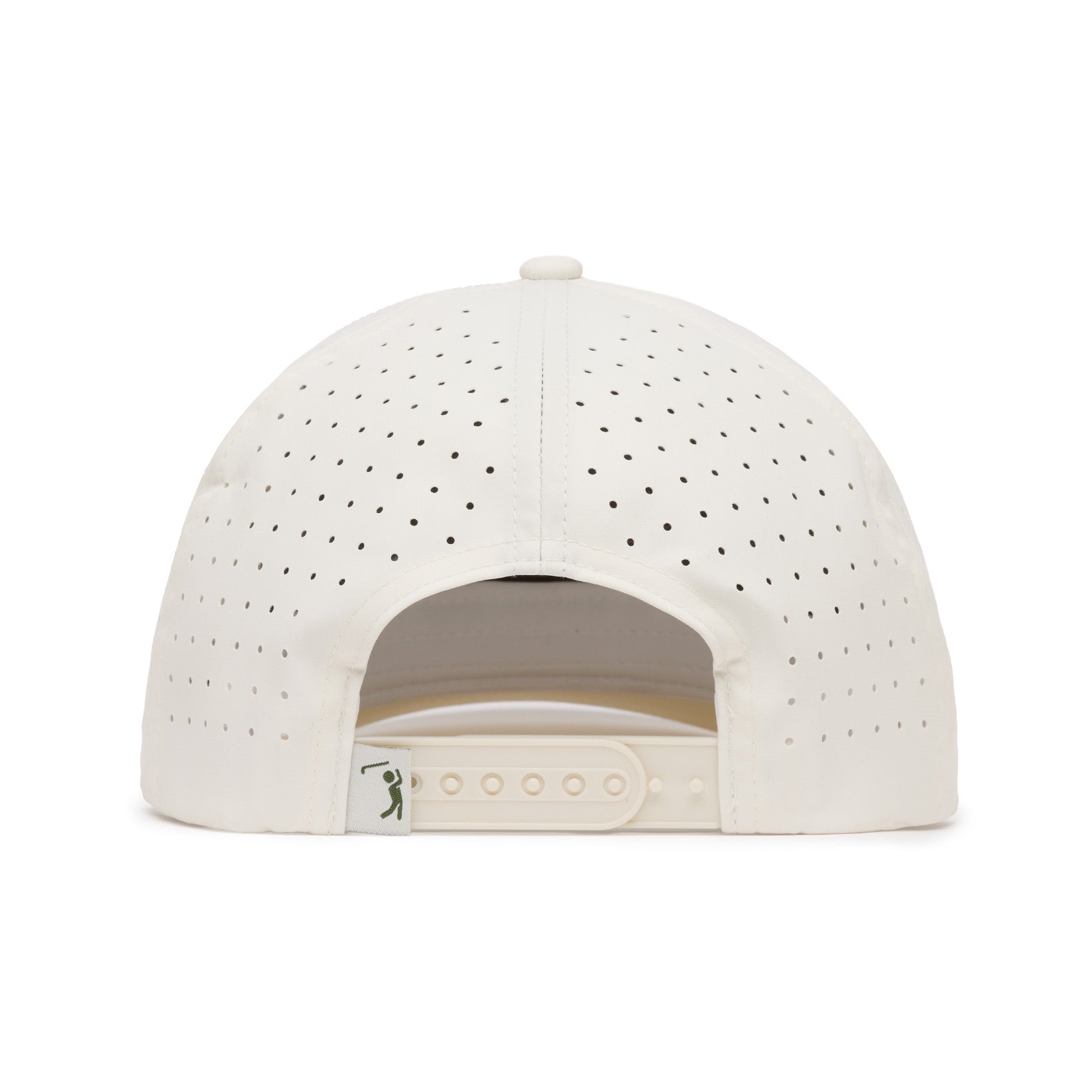 White perforated baseball cap viewed from the back, showing adjustable snap closure and a small tag with a simple green figure icon. The caps fabric is filled with evenly spaced small holes for ventilation. Background is plain white.