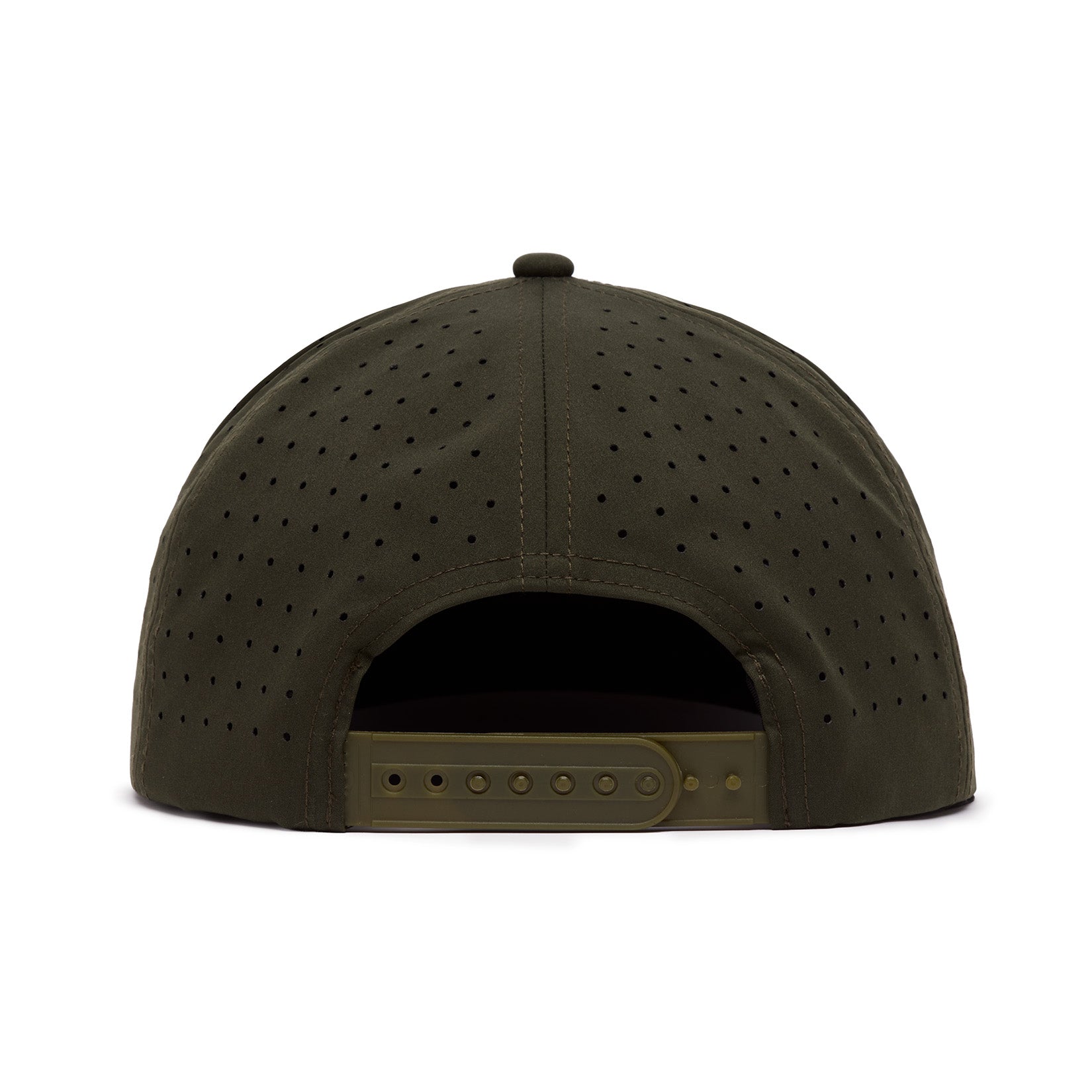 Back view of an olive green baseball cap with small ventilation holes, a button on top, and an adjustable plastic snapback closure. The cap has a structured shape and the inside is not visible due to the angle.