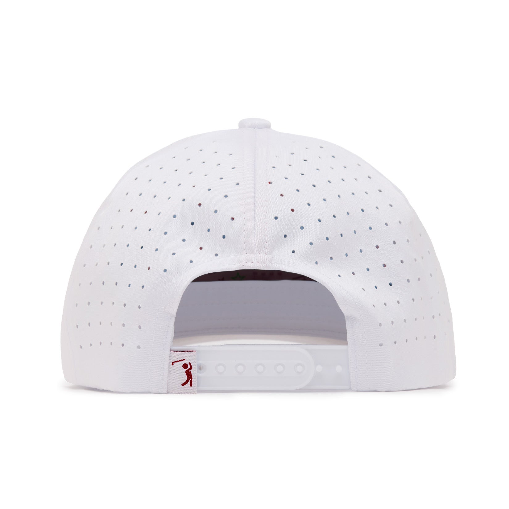 Back view of a white baseball cap with small ventilation holes, adjustable snap closure, and a small red logo tag on the left side of the opening. The cap is placed against a plain white background.