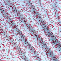 A close-up of the Blew It - Polo shows white, moisture-wicking fabric with red line-art illustrations of musical instruments, notes, musicians, and stands. The slightly wrinkled texture makes the whimsical music-themed design curve and ripple.